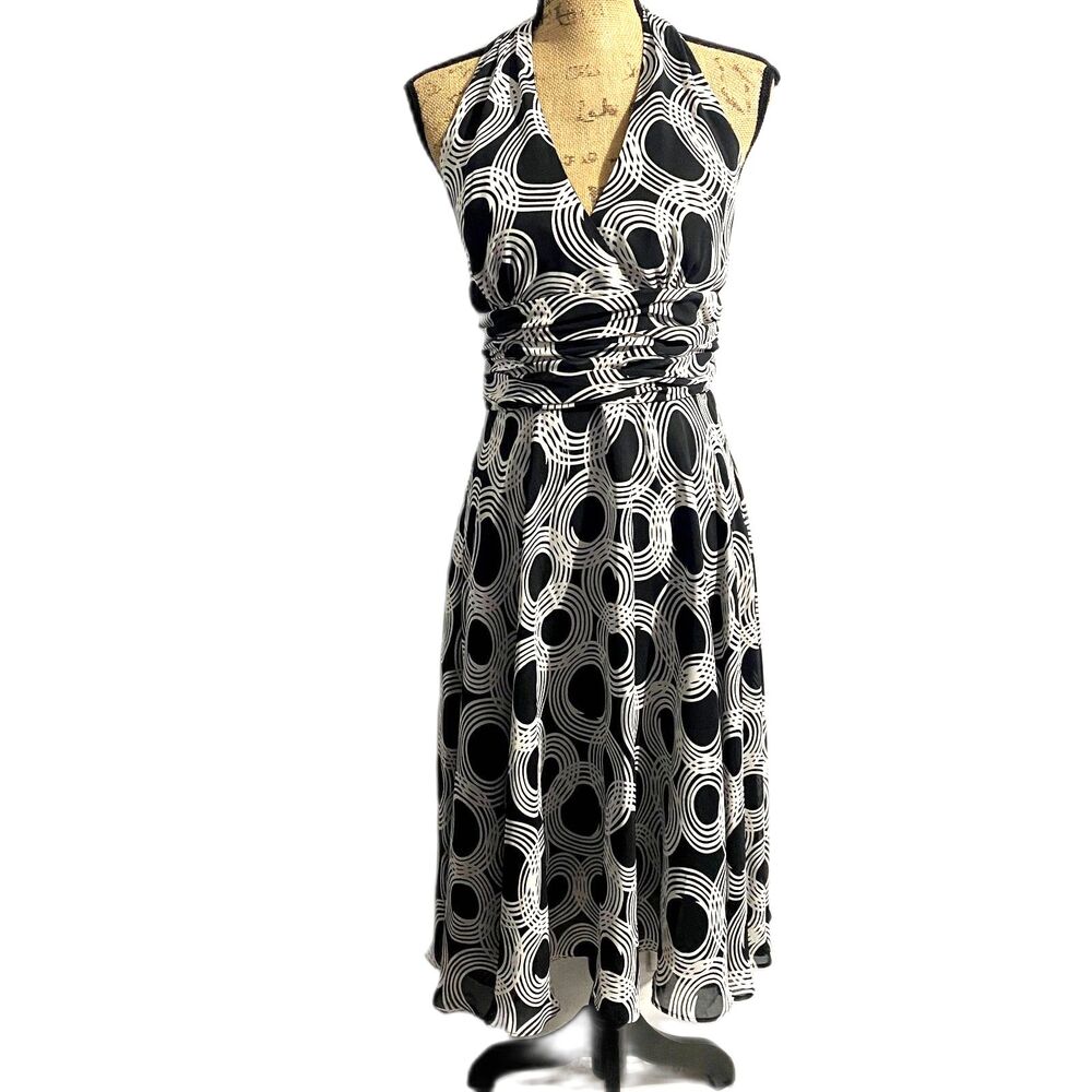 Maggy Boutique Y2K Halter Midi Dress Black White Ring Printed Fairycore Size‎ 8
